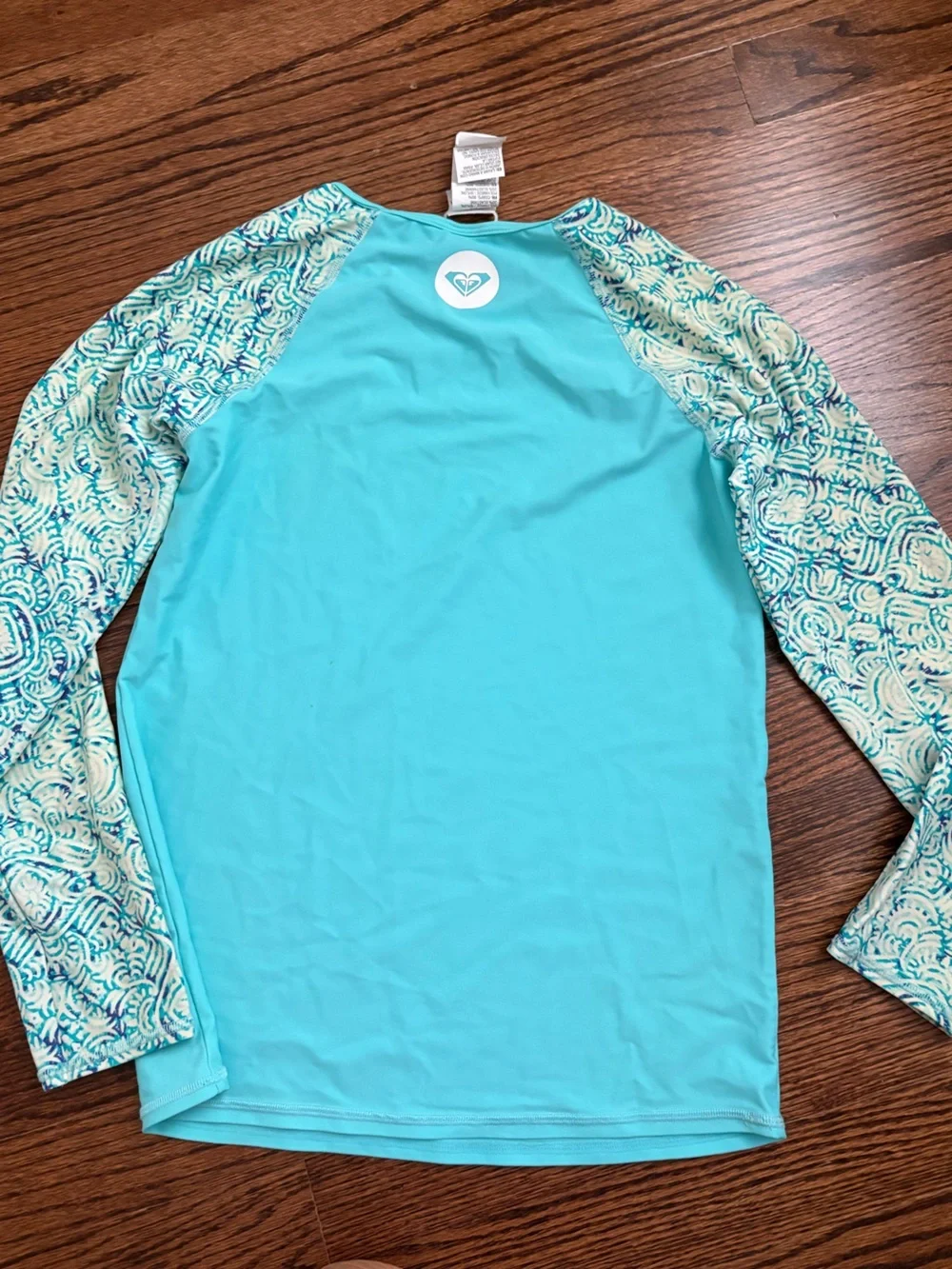Roxy Girls' Teal Rash Guard Set with Patterned Sleeves and Bikini